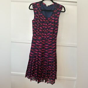 Halogen Navy Blue and Red Lips Print Midi Dress Cute Lipstick Patterned Quirky